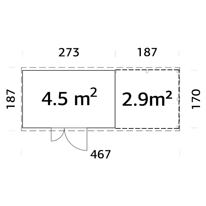 Palmako Caseta de jardín con leñero Leif - Medidas ext. (An x Pr): 467 x 187 cm, Madera, Natural - Plano de planta de una casa con dos habitaciones, etiquetado con dimensiones y medidas de área. El diseño incluye habitaciones de 4.5m² y 2.9m².