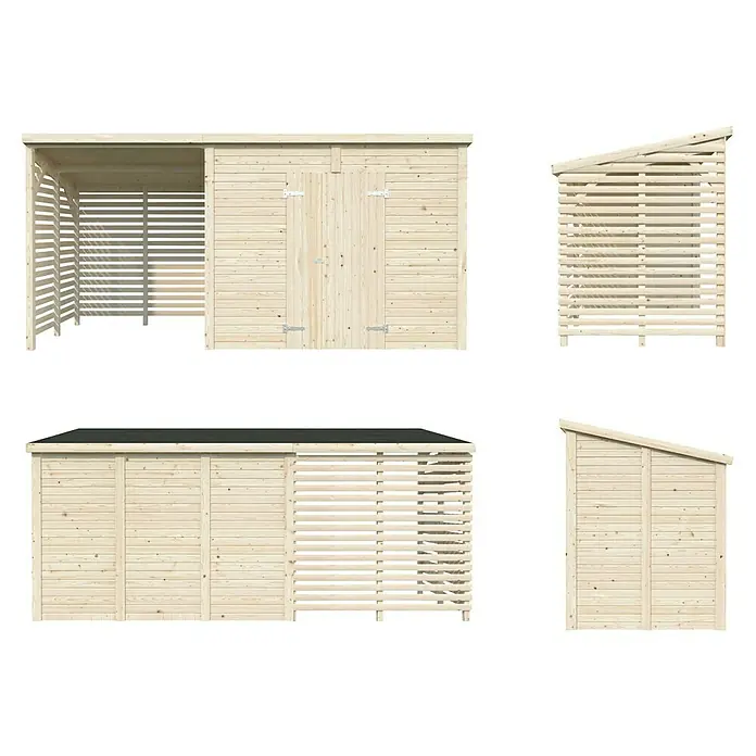 Palmako Caseta de jardín con leñero Leif - Medidas ext. (An x Pr): 467 x 187 cm, Madera, Natural - Cobertizo de madera versátil con área de almacenamiento abierta y puerta con cerradura, perfecto para herramientas y leña.