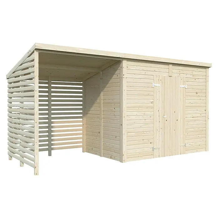 Palmako Caseta de jardín con leñero Leif - Medidas ext. (An x Pr): 467 x 187 cm, Madera, Natural - Caseta de jardín de madera clara con zona cubierta y puerta con cerradura para un almacenamiento seguro de equipos y muebles de jardinería.
