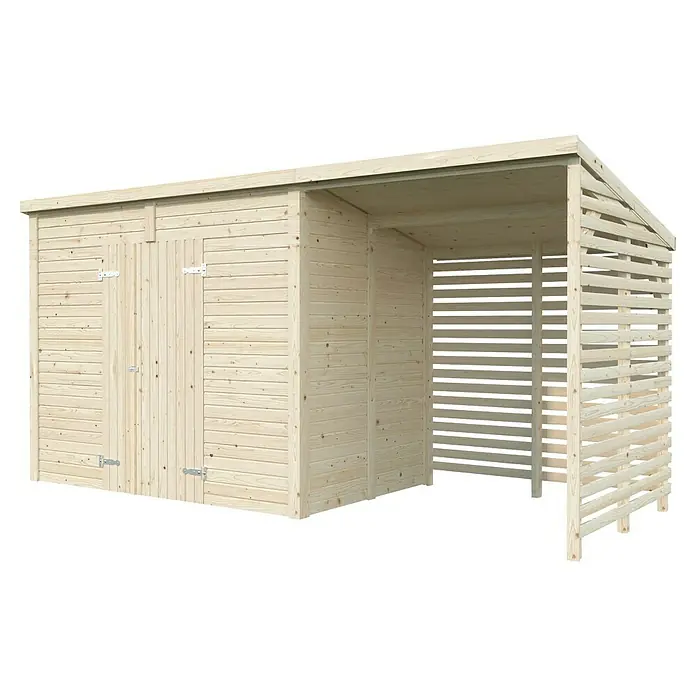 Palmako Caseta de jardín con leñero Leif - Medidas ext. (An x Pr): 467 x 187 cm, Madera, Natural - Caseta de jardín de madera espaciosa con puertas dobles y área abierta, ideal para herramientas de jardín y leña. Ofrece soluciones de almacenamiento.