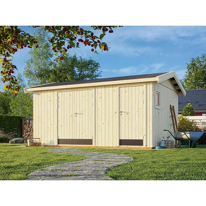 Palmako Caseta de jardín Olaf - Medidas ext. (An x Pr): 505 x 368 cm, Madera, Natural - Una caseta de madera espaciosa con puertas dobles y techo a dos aguas, perfecta para guardar herramientas de jardín. La madera natural le da encanto.