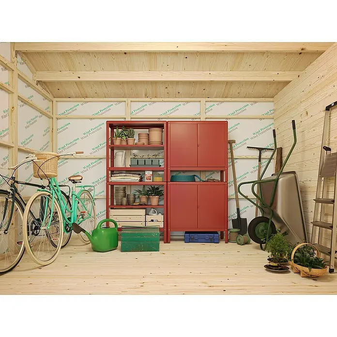 Palmako Caseta de jardín Olaf - Medidas ext. (An x Pr): 505 x 368 cm, Madera, Natural - Una estantería metálica roja con macetas y herramientas de jardinería en una caseta de madera.