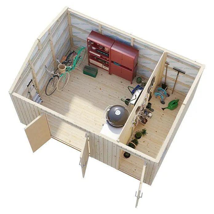 Palmako Caseta de jardín Olaf - Medidas ext. (An x Pr): 505 x 368 cm, Madera, Natural - Vista de una caseta de jardín de madera, equipada con herramientas de jardín, bicicletas y una parrilla, que proporciona almacenamiento y funcionalidad.