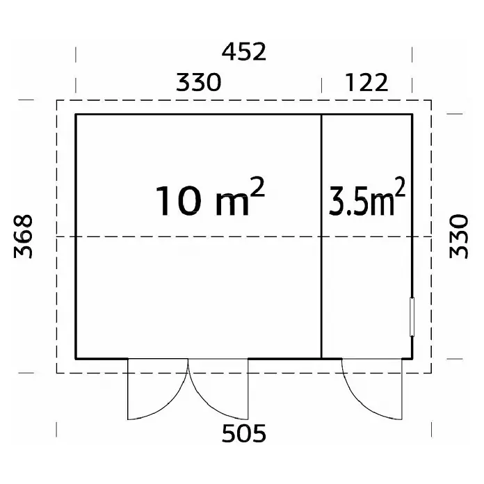 Palmako Caseta de jardín Olaf - Medidas ext. (An x Pr): 505 x 368 cm, Madera, Natural - Plano de planta de un edificio con dos habitaciones, 10 m² y 3,5 m², con dimensiones en milímetros.