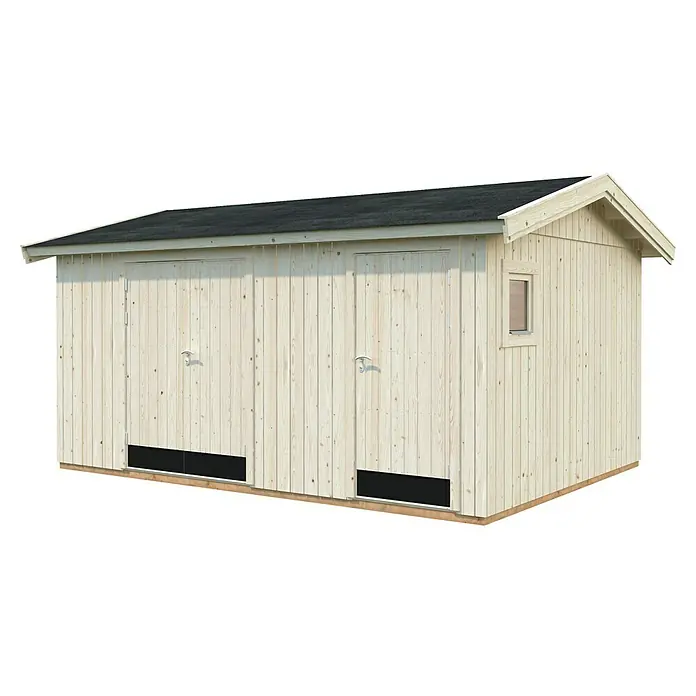 Palmako Caseta de jardín Olaf - Medidas ext. (An x Pr): 505 x 368 cm, Madera, Natural - Vista de un cobertizo de madera con dos puertas y una ventana, ideal para almacenamiento en jardín.