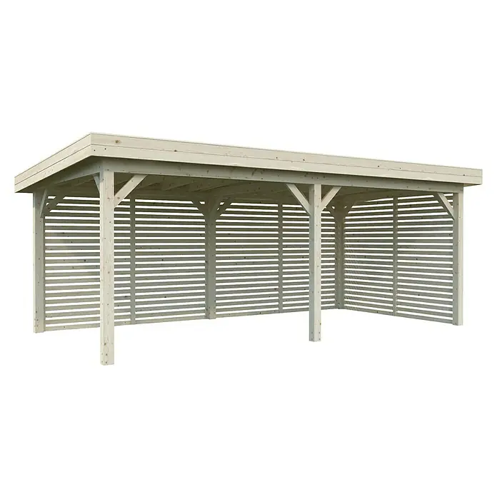 Palmako Pérgola estándar Lenna Set 309 - L x An: 628 x 340 cm, Madera, Natural - Un cobertizo de madera espacioso y abierto, ideal para el almacenamiento o como refugio, con un encanto rústico y construcción sólida.