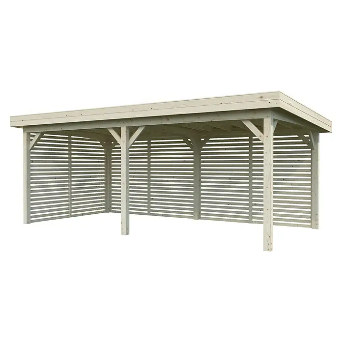 Palmako Pérgola estándar Lenna Set 309 - L x An: 628 x 340 cm, Madera, Natural - Refugio de madera con paredes de listones y techo protector, ideal para el jardín o como cochera.