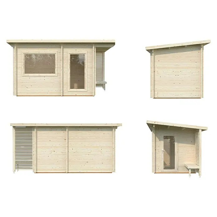 Palmako Saunahaus Sanna - Ohne Ofen, Natur, L x B x H: 267 x 482 x 249 cm - Ansichten des Holz Gartenhauses. Dieses Gartenhaus zeichnet sich durch ein modernes Design mit großen Fenstern und einer überdachten Veranda aus.