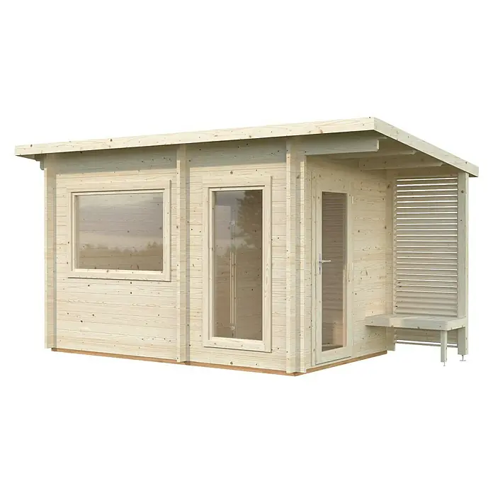 Palmako Saunahaus Sanna - Ohne Ofen, Natur, L x B x H: 267 x 482 x 249 cm - Ein helles Holzgartenhaus mit Fenster, Tür und Sitzbereich präsentiert eine einladende Außenstruktur für den Garten.