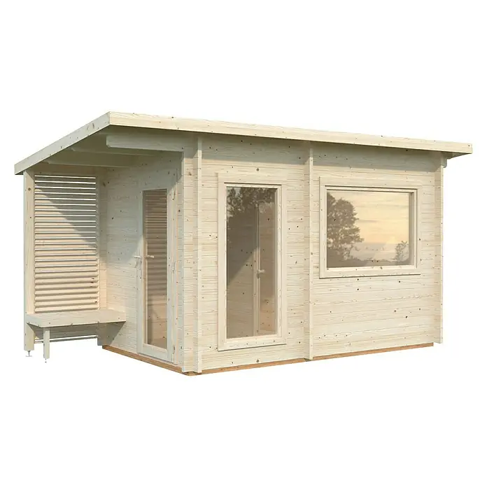 Palmako Saunahaus Sanna - Ohne Ofen, Natur, L x B x H: 267 x 482 x 249 cm - Ein modernes, helles Holzgartenhaus mit großzügigen Fenstern und einer überdachten Veranda mit Sitzgelegenheit. Ideal für Entspannung im Freien.