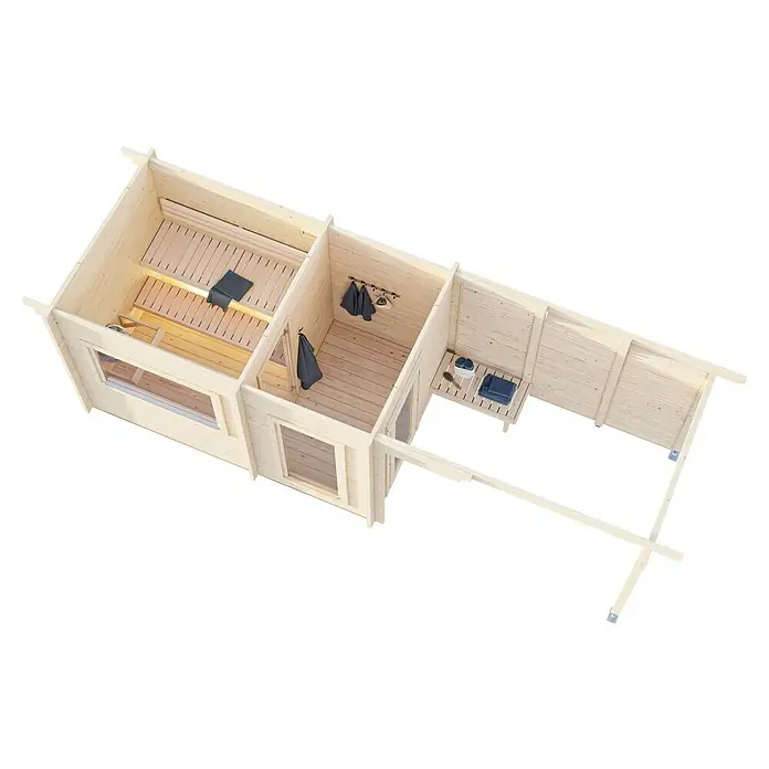 Palmako Saunahaus Sanna - Ohne Ofen, Natur, L x B x H: 267 x 687 x 249 cm - Innenansicht einer Holzsauna mit Bänken, Handtüchern und Zubehör. Eine helle und entspannende Wellnessoase zum Wohlfühlen.
