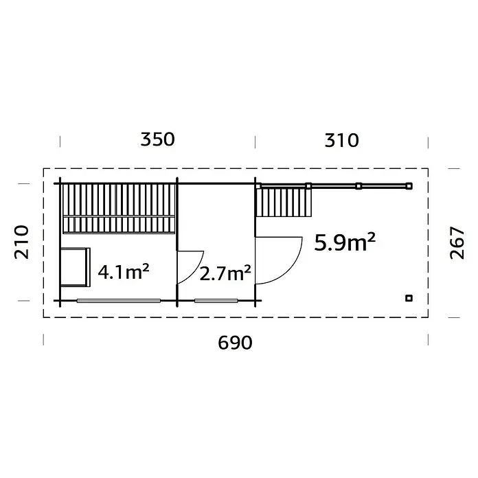 Palmako Saunahaus Sanna - Ohne Ofen, Natur, L x B x H: 267 x 687 x 249 cm - Grundriss eines Gartenhauses mit Größenangaben für die einzelnen Bereiche und Gesamtmaße des Gebäudes.