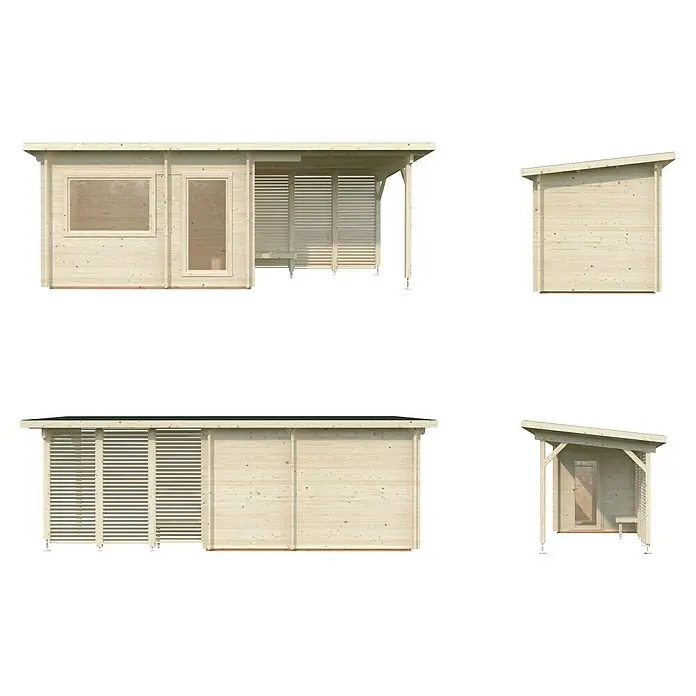 Palmako Saunahaus Sanna - Ohne Ofen, Natur, L x B x H: 267 x 687 x 249 cm - Ansicht eines Holzgartenhauses mit Fenster, Tür und überdachter Terrasse. Das Haus hat ein modernes Design und ist aus hellem Holz gefertigt.