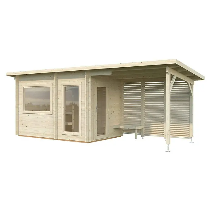 Palmako Saunahaus Sanna - Ohne Ofen, Natur, L x B x H: 267 x 687 x 249 cm - Ein helles Holzgartenhaus mit Fenster, Tür und überdachter Veranda mit Lamellenwänden, ideal für den Garten.