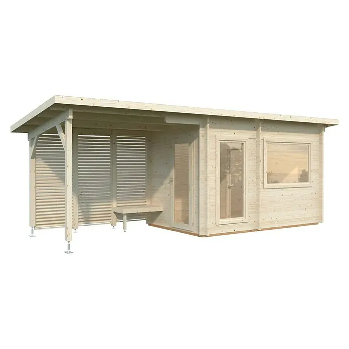 Palmako Saunahaus Sanna - Ohne Ofen, Natur, L x B x H: 267 x 687 x 249 cm - Das Bild zeigt ein helles Holzgartenhaus mit überdachtem Sitzbereich, ideal für entspannte Stunden im Freien und zur Aufwertung des Gartens.