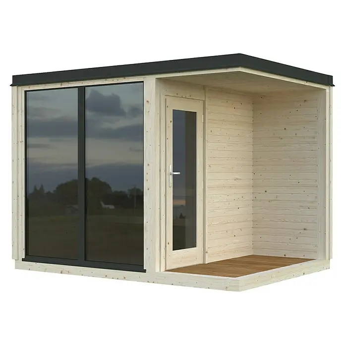 Palmako Saunahaus Sarah - Ohne Ofen, Natur, L x B x H: 222 x 322 x 237 cm - Diese Aufnahme zeigt eine moderne, helle Gartenlaube mit Glasfront und überdachter Veranda, die zum Entspannen einlädt.
