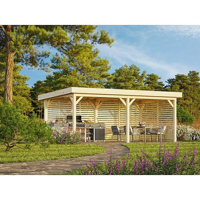 Palmako Pérgola estándar Lenna Set 309 - L x An: 628 x 340 cm, Madera, Natural - Acogedora cabaña de parrilla con una elegante parrilla, comedor y exuberante paisaje de jardín. Perfecto para relajarse al aire libre.
