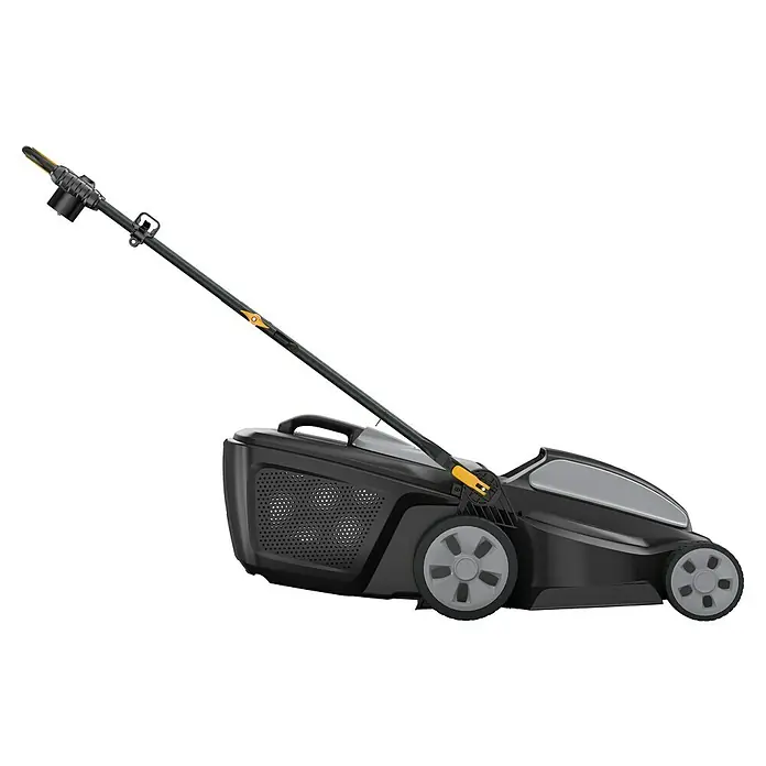 Alpina Elektro-Rasenmäher AL1 38 E - 1.400 W, Schnittbreite: 38 cm - Bild einer schwarzen Akku-Rasenmähers mit gelben Akzenten. Das Gerät verfügt über einen Grasfangkorb und einen verstellbaren Griff.
