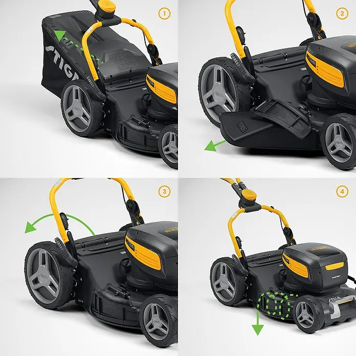 Stiga Akku-Rasenmäher Combi 753E V KIT - 48 V, 2 Akkus, 5 Ah, Schnittbreite: 51 cm - Verschiedene Ansichten des STIGA-Rasenmähers mit Grasfangsack, Seitenauswurf, verstellbarem Holm und Mulchfunktion.