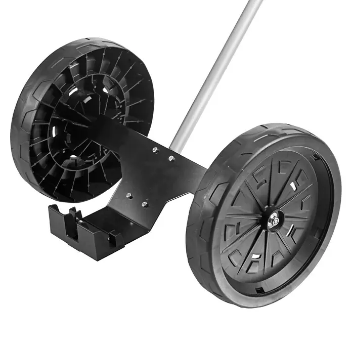 Stiga Installations-Set für Mähroboter Installations Trolley - Alle STIGA Mähroboter A-Serie, 1 -tlg. - Detailaufnahme von zwei Rädern und einer Metallhalterung. Die Räder sind aus schwarzem Kunststoff gefertigt.