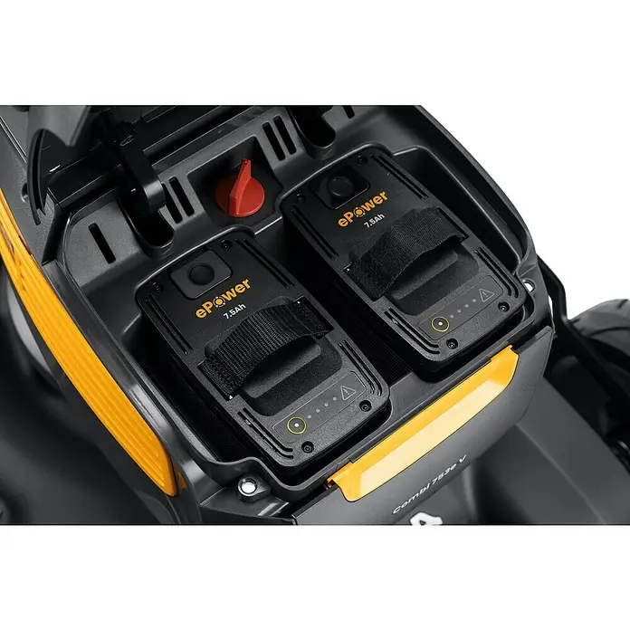 Stiga Akku-Rasenmäher Combi 753E V KIT - 48 V, 2 Akkus, 5 Ah, Schnittbreite: 51 cm - Nahaufnahme der ePower 7.5Ah Akkus in einem Rasenmäher, die eine zuverlässige und langlebige Energiequelle für den Garten bieten.