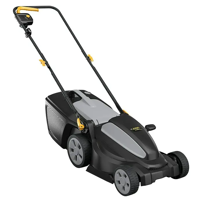 Alpina Elektro-Rasenmäher AL1 34 E - 1.200 W, Schnittbreite: 34 cm - Hier ist ein detailreiches Bild eines schwarzen und grauen Rasenmähers mit gelben Akzenten. Das Produkt scheint von hoher Qualität zu sein.