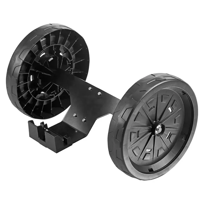 Stiga Installations-Set für Mähroboter Installations Trolley - Alle STIGA Mähroboter A-Serie, 1 -tlg. - Nahaufnahme eines schwarzen Radsatzes, der für verbesserte Mobilität und Stabilität von Geräten oder Fahrzeugen entwickelt wurde.