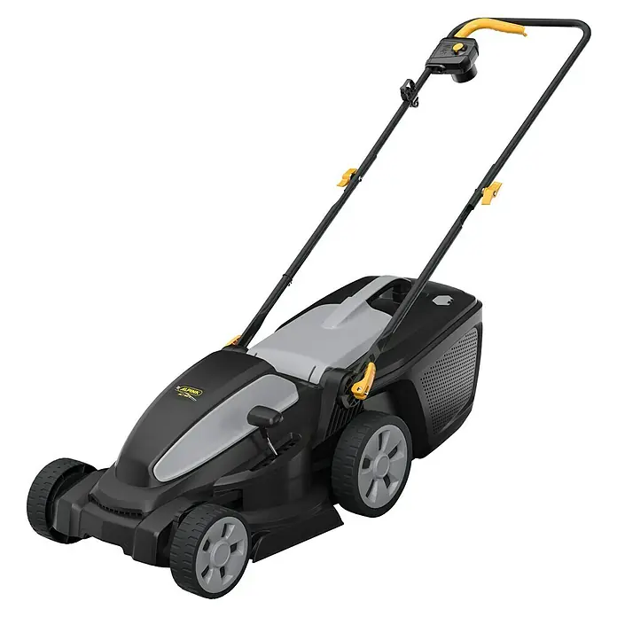 Alpina Elektro-Rasenmäher AL1 38 E - 1.400 W, Schnittbreite: 38 cm - Ein Rasenmäher der Marke Alpina ist auf einem schwarzen Hintergrund abgebildet. Das Gerät ist schwarz, grau und gelb.