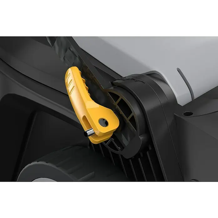 Alpina Elektro-Rasenmäher AL1 34 E - 1.200 W, Schnittbreite: 34 cm - Nahaufnahme eines gelben Hebels am Rasenmäher zur Einstellung der Schnitthöhe.