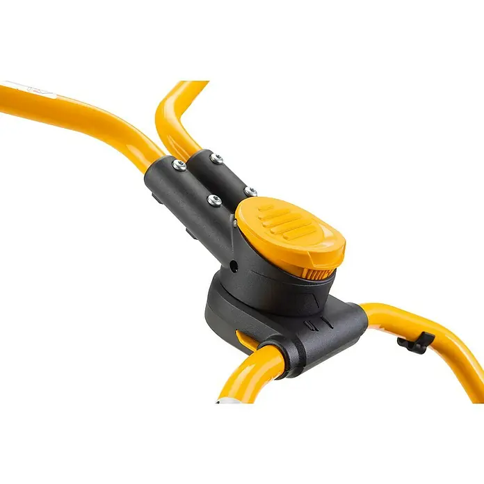 Stiga Akku-Rasenmäher Combi 748E V Kit - 48 V, 2 Akkus, 5 Ah, Schnittbreite: 46 cm - Nahaufnahme der gelben und schwarzen Bedienelemente eines Geräts.