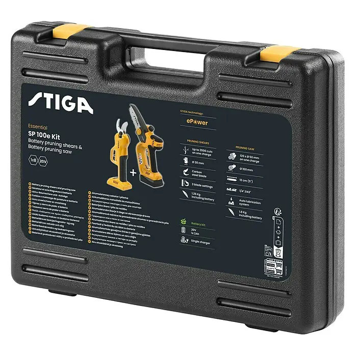 Stiga 100er Serie Akku-Astsäge PR100E & SC100E KIT -  - Abgebildet ist das STIGA SP 100e Kit, ein Akku-Astscheren- und Sägenset in einem schwarzen Koffer mit gelben Akzenten.