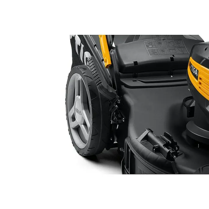 Stiga Akku-Rasenmäher Combi 753E V KIT - 48 V, 2 Akkus, 5 Ah, Schnittbreite: 51 cm - Detailansicht eines STIGA Rasenmähers mit Rad und Motor.