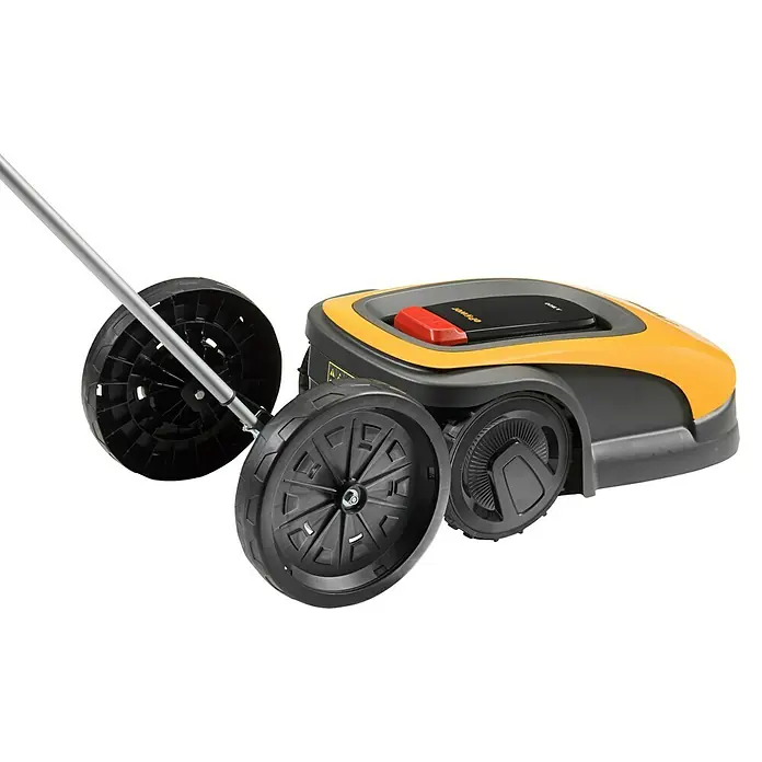 Stiga Installations-Set für Mähroboter Installations Trolley - Alle STIGA Mähroboter A-Serie, 1 -tlg. - Ein gelb-schwarzer Mähroboter mit Rädern und einem Griff auf schwarzem Hintergrund für den perfekten Rasen.
