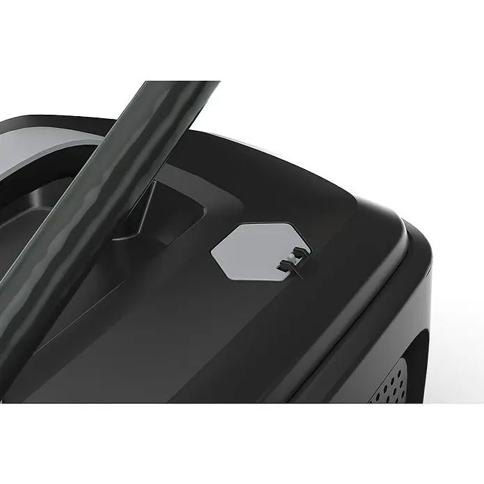 Alpina Elektro-Rasenmäher AL1 34 E - 1.200 W, Schnittbreite: 34 cm - Nahaufnahme eines Staubsaugers mit einem grauen Sechseck. Das Design ist modern und minimalistisch, ideal für die Reinigung.