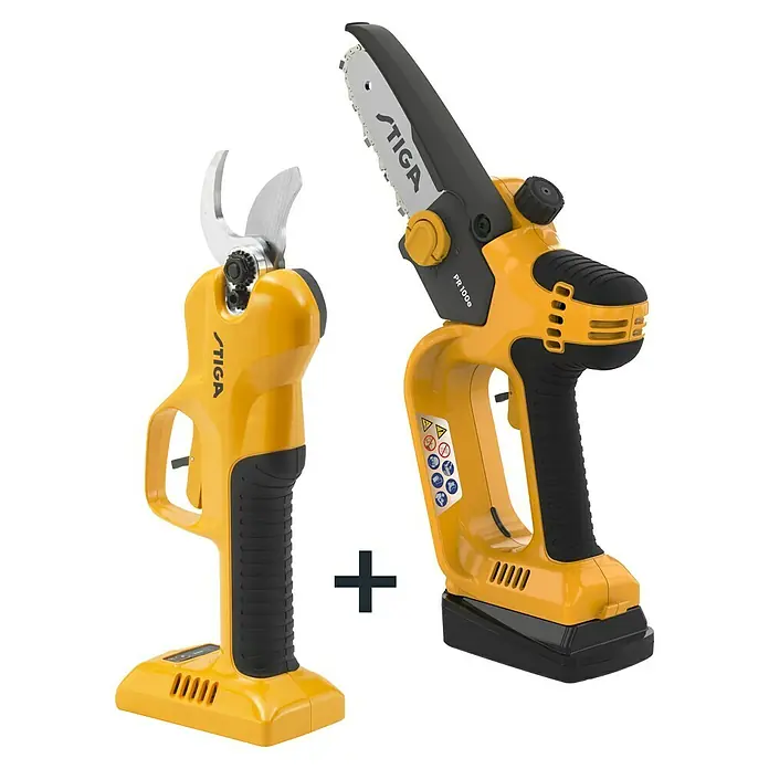 Stiga 100er Serie Akku-Astsäge PR100E & SC100E KIT -  - Zwei gelbe STIGA-Gartengeräte, eine Astschere und eine Mini-Kettensäge, für effizientes und kabelloses Beschneiden.