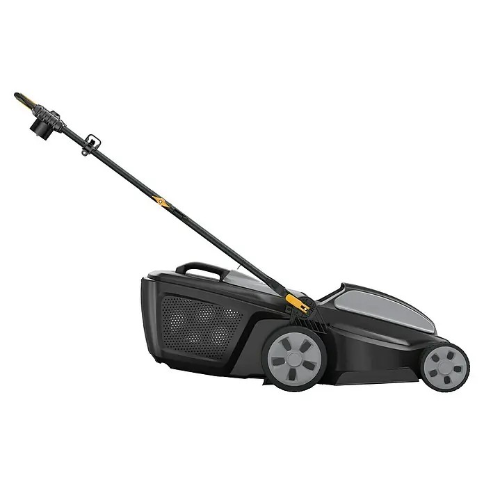 Alpina Elektro-Rasenmäher AL1 34 E - 1.200 W, Schnittbreite: 34 cm - Abbildung eines schwarzen Rasenmähers. Der Rasenmäher hat gelbe Akzente und grau gefärbte Räder und Oberflächen.