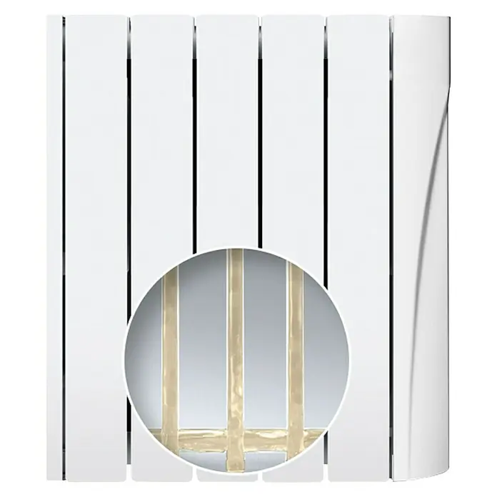 Voltomat Emisor térmico H WiFi II - 500 W, Blanco, 9,5 x 34 x 57,5 cm, Fluido - Primer plano de un radiador moderno con paneles blancos y una sección detallada que muestra la estructura interna.