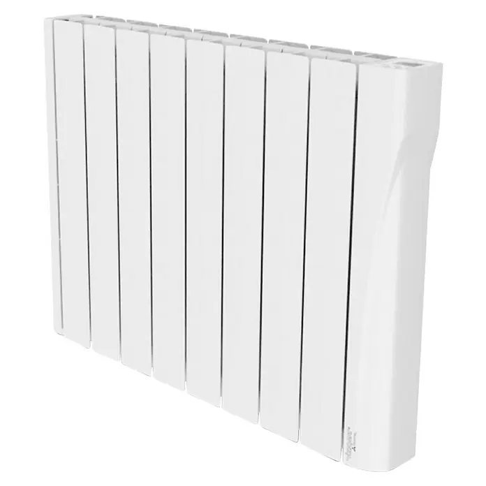 Voltomat Emisor térmico WiFi I - 1.250 W, Blanco, 9,5 x 74 x 57,5 cm, Cerámico - Primer plano de un radiador blanco con paneles verticales múltiples, diseñado para una calefacción interior eficiente.