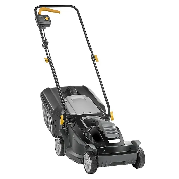 Alpina Elektro-Rasenmäher BL 380 E - 1.400 W, Schnittbreite: 38 cm - Eine Nahaufnahme eines schwarzen Rasenmähers mit gelben Akzenten und einem schwarzen Grasfangkorb im hinteren Bereich.