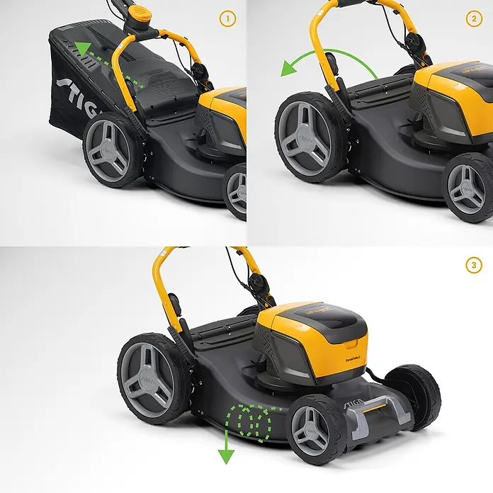 Stiga 500er Serie Akku-Rasenmäher Combi 548E S Kit - 48 V, 1 Akku, 5 Ah, Schnittbreite: 46 cm - Die Abbildungen zeigen die Vielseitigkeit des STIGA Rasenmähers, von der Grasaufnahme bis zum Mulchen.