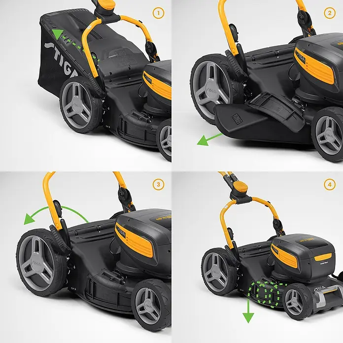 Stiga Akku-Rasenmäher Combi 748E V Kit - 48 V, 2 Akkus, 5 Ah, Schnittbreite: 46 cm - Rasenmäher-Funktionen: Fangsack, Seitenauswurf, verstellbare Schnitthöhe und Mulchfunktion für einen gepflegten Rasen.