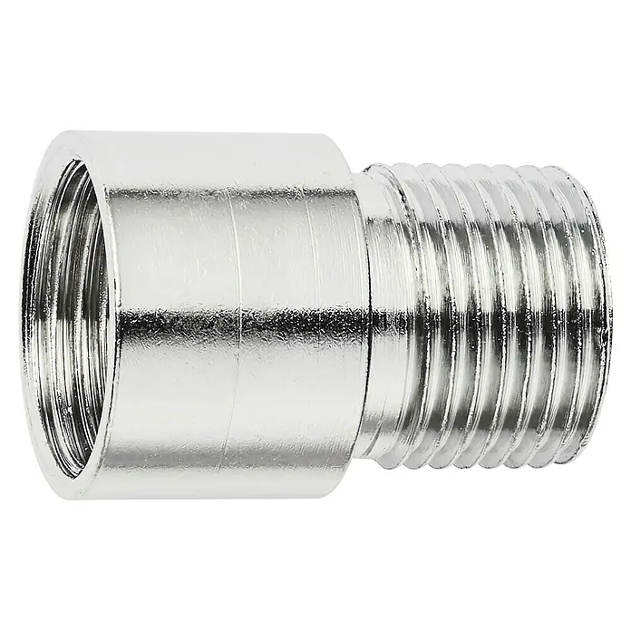 Abus Türspion - Nickel, Messing, Stärke Tür: 36 mm - 105 mm - Bild einer verchromten Reduziermuffe für Sanitärinstallationen mit Innengewinde und Außengewinde für den Anschluss an Rohre unterschiedlicher Größe.
