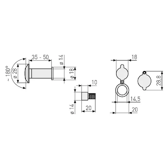 Abus Türspion - Nickel, Messing, Stärke Tür: 36 mm - 105 mm - Technische Zeichnung eines Türspions mit Maßen. Details zu Durchmesser, Länge und Blickwinkel sind dargestellt. Das Zubehör ist auch abgebildet.