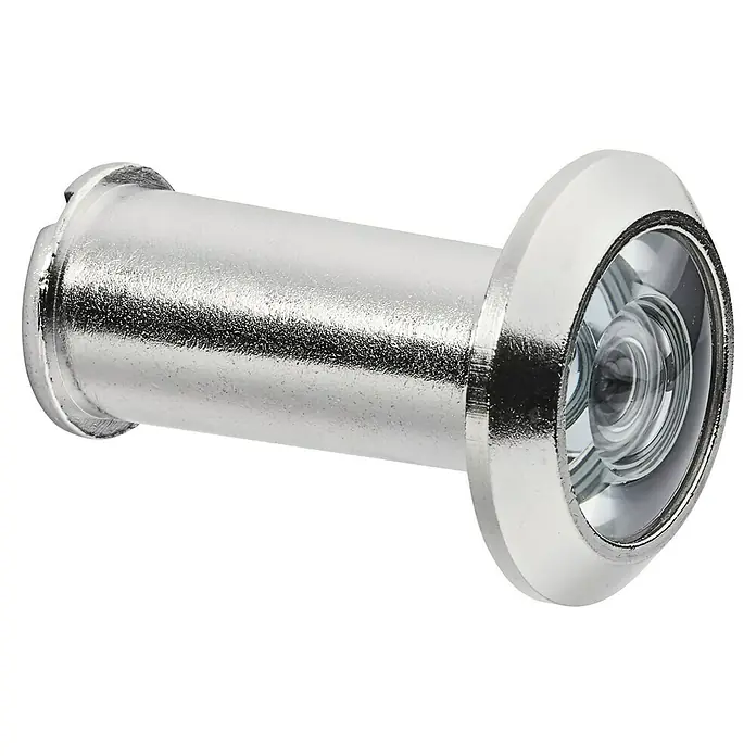 Abus Türspion - Nickel, Messing, Stärke Tür: 36 mm - 105 mm - Nahaufnahme eines Türspions aus Metall, der durch eine Tür hindurchblickt und Sicherheit bietet, um zu sehen, wer draußen ist.