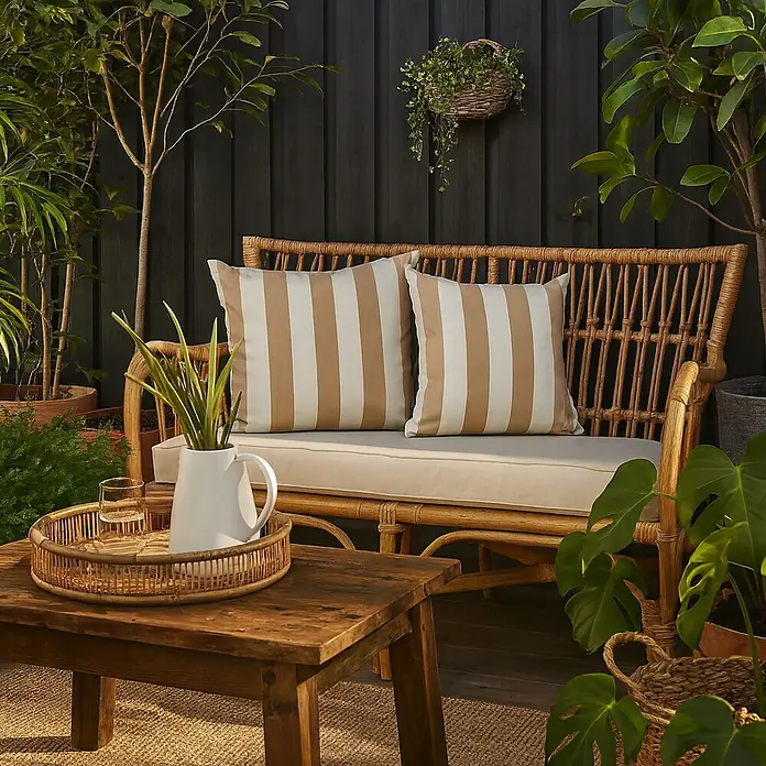 Cojín Rayas - 50 x 50 cm, Plástico, Arena/Blanco - Acogedora escena de jardín con un banco de ratán con cojines a rayas y una mesa de madera con decoraciones, rodeada de exuberante vegetación.