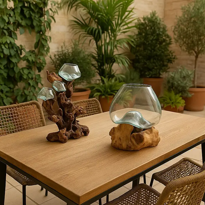 Jarrón de vidrio Izán - 20 x 12 x 30 cm, Natural - Jarrones decorativos de vidrio sobre raíces de madera expuestos sobre una mesa de madera, perfectos para una decoración elegante.