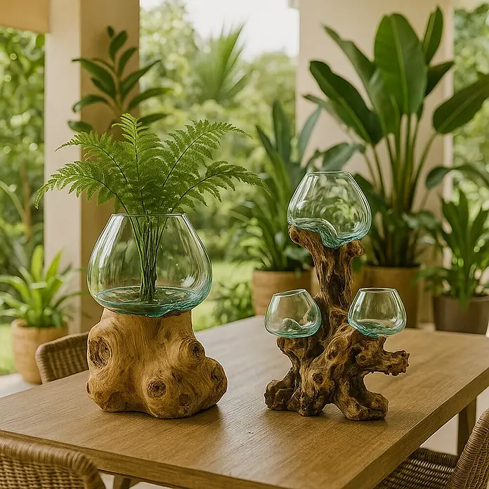 Jarrón de vidrio Izán - 20 x 12 x 30 cm, Natural - Jarrones decorativos de vidrio sobre bases de madera con plantas y agua en una mesa de madera.