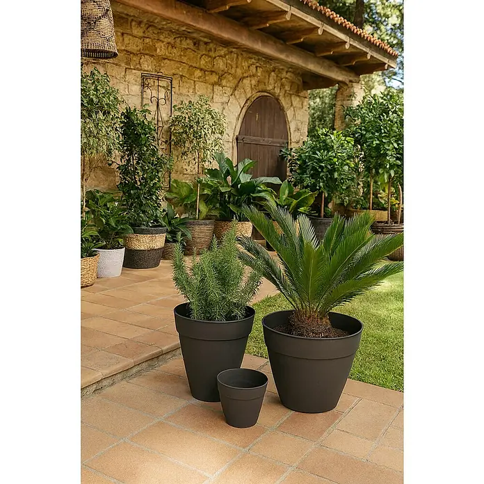Elho Vibia Campana Maceta para planta Vibia Campana - Dimensiones externas (Ø x Al): 20 x 16,7 cm, Plástico, Antracita - Tres macetas negras de diferentes tamaños, plantadas con vegetación, se encuentran en una terraza frente a una casa.