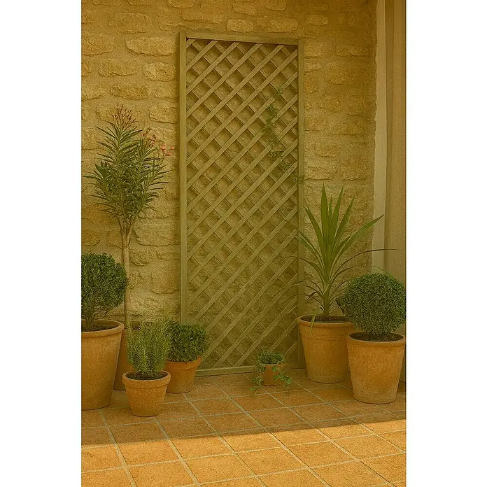 Cerland Celosía para exterior Premices - 90 x 180 cm, Madera, Natural - Un espacio exterior con plantas en macetas de varios tamaños y un enrejado de madera contra una pared de piedra.