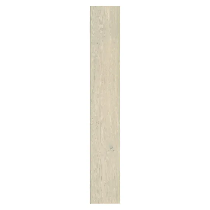 LOGOCLIC Aquaprotect Laminado Roble Alpaca Ethereal - 1.288 x 195 x 12 mm, Roble Alpaca Ethereal, AC5, Resistente al agua - Primer plano de una tabla de madera clara y texturizada. Ideal para suelos modernos con un aspecto natural.